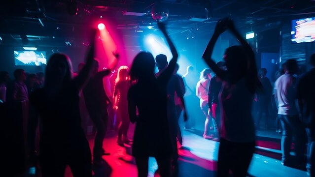 Dancing silhouettes in a neon club scene.