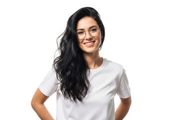 Fototapeta premium Cheerful Young Woman with Long Dark Hair and Stylish Glasses, Smiling Confidently in a White T-shirt on White Background