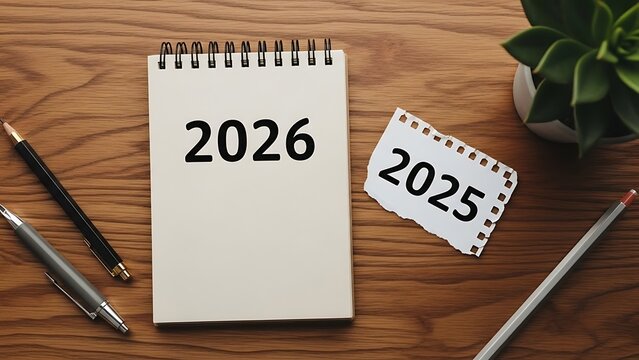 Desk Calendar Year Transition 2025 and 2026 Planning Scene.