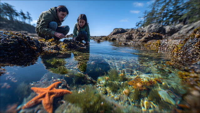 Father and child discovering marine life in a rocky shore tide pool