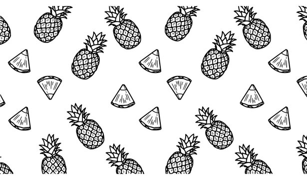 Modern pineapple seamless pattern with sliced and whole tropical fruit in diagonal repeat for surface design
