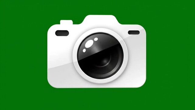 Simple camera icon with a shiny lens appearing against a vibrant green background, digital technology