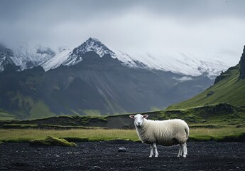 Obraz premium White Sheep Standing on Black Volcanic Ground With Snow-Capped Mountains in Iceland