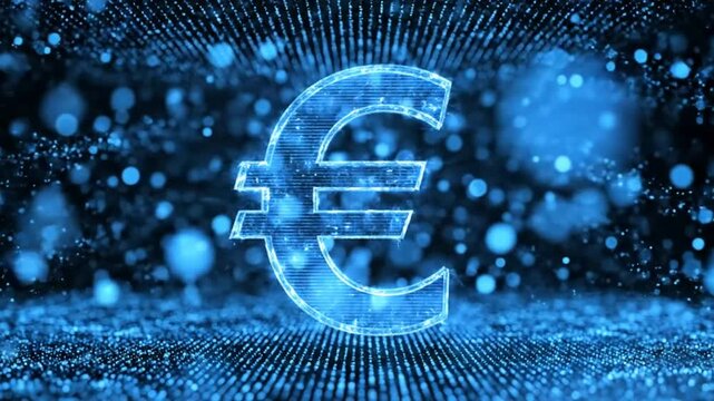 Futuristic Euro Symbol Animation with Glowing Digital Particles on Dark Blue Background
