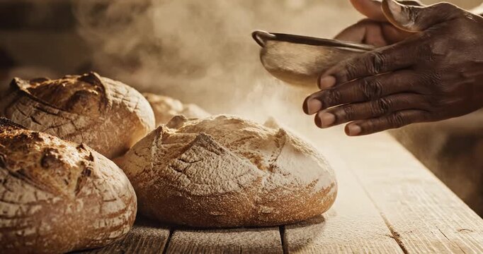 Artisan baker dusting flour over freshly baked loaves on a rustic wooden table in a warm kitchen