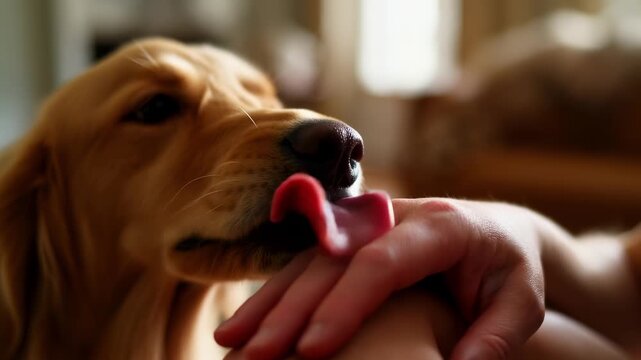 Golden Retriever dog licking a person's hand. Close-up of a pet showing affection and bonding. Domestic animal behavior