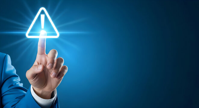 Businessman touching a glowing warning sign on a blue background with caution