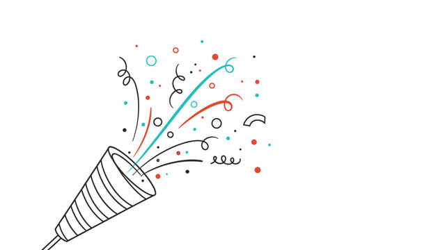 Delicate thin line party popper exploding with wavy streamers and colorful dots for a subtle and elegant celebration design.