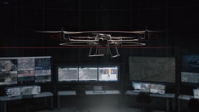 Drone multicopter hovering in a high tech control room environment, monitoring multiple screens displaying various real time data and surveillance feeds, emphasizing security and advanced technology