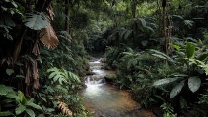 Obraz premium Tropical rainforest stream flowing through dense jungle vegetation