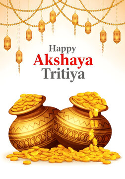 Happy Akshaya Tritiya festival with gold coins and traditional Indian decorations