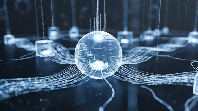 A glowing central orb connected to multiple nodes by intricate light trails, symbolizing data flow and advanced technology.