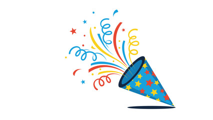 Obraz premium Blue party popper decorated with yellow stars releasing a burst of multi colored confetti and streamers during a joyful celebration.