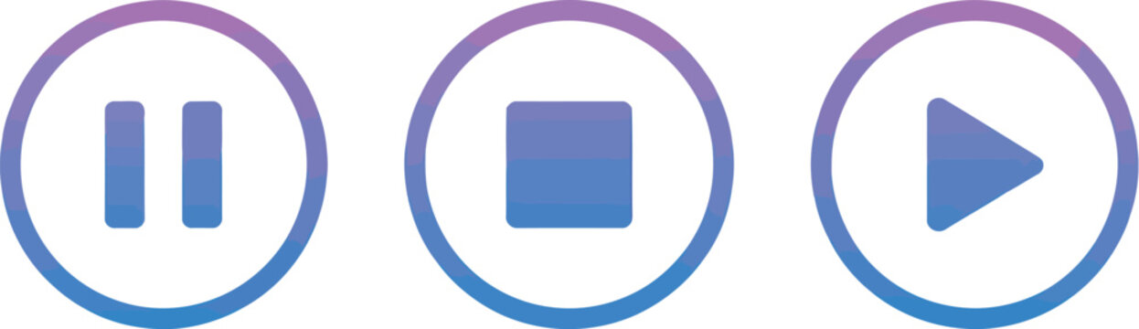 Media control icons collection featuring play pause and stop buttons in modern purple blue gradient style