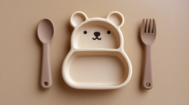 Baby feeding accessories. First safe bear shaped plate, fork, spoon, bib. Silicone tableware, cutlery set on beige neutral background. Kids dishware concept. Serving child food. Solid color backdrop