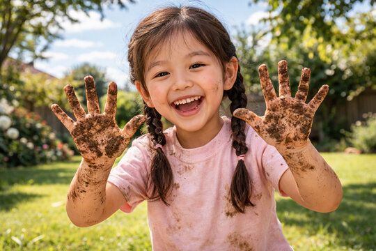 Smiling East Asian dark-haired girl with braids showing muddy hands in sunny backyard, pink T-shirt, playful childhood, hygiene concept, authentic outdoor lifestyle portrait
