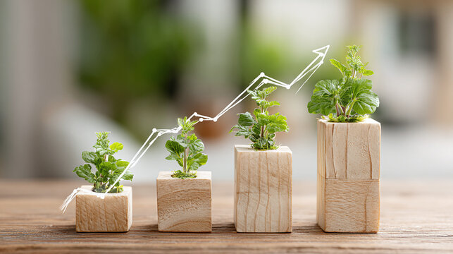 Four wooden blocks of different heights with growing green plants on top, connected by a white upward trending graph line.