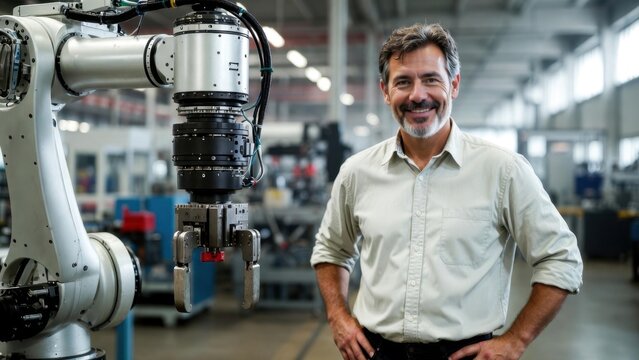 Engineer standing with arms akimbo beside robotic arm on shop floor