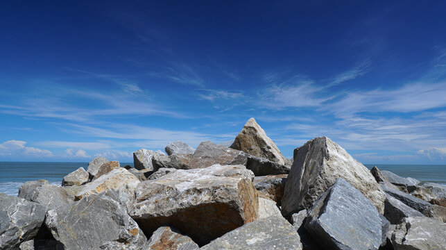 Large Riprap Rock Pile Coastal Erosion Protection Against Blue Sky Backdrop