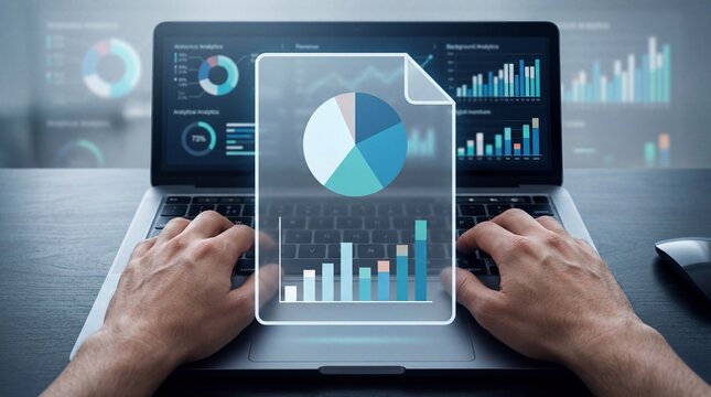 A laptop user engaging with a holographic document displaying financial charts and data analytics