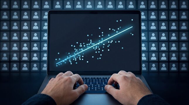 A person using a laptop computer displaying a data scatter plot visualization on a dark screen