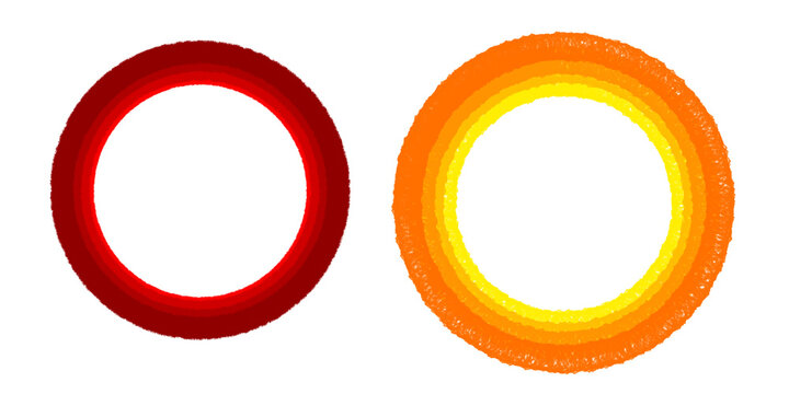 Red and yellow bold circle outline frame designed for photos, images, and visual presentations. Thick round frame with hollow center.