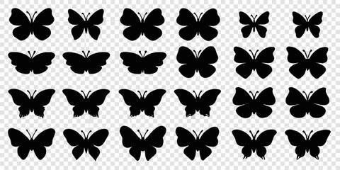 Collection of diverse black butterfly silhouettes arranged on a transparent background © BelaRani