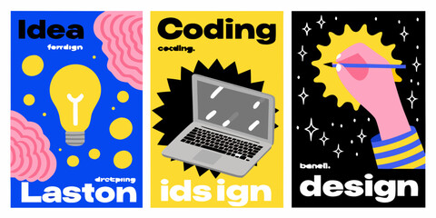 Naklejka premium A trio of vibrant illustrations representing idea generation coding and design