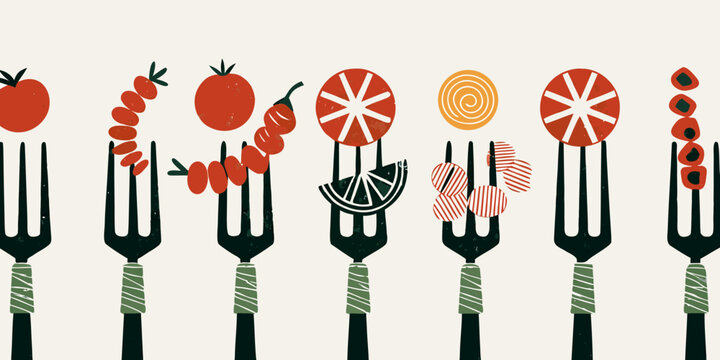 Stylized illustration of various fruits and vegetables on black forks