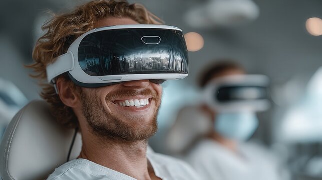 Smiling man wearing a VR headset relaxes in a modern clinic chair, using virtual reality for distraction while another patient sits in the background.