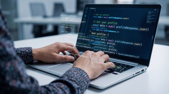 A close up view of a software developer hands typing code on a laptop keyboard in an office space