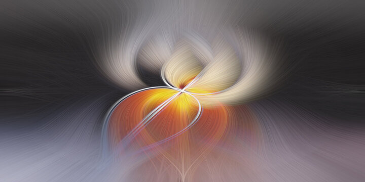 Abstract light trails in shades of orange, yellow, and white on a dark gray background with a central point of origin