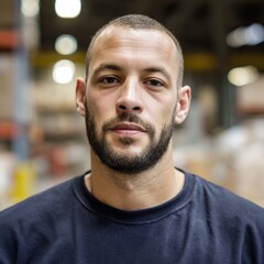 Obraz premium Portrait of a confident young man with a beard standing in a warehouse, looking at the camera with a serious, focused expression.