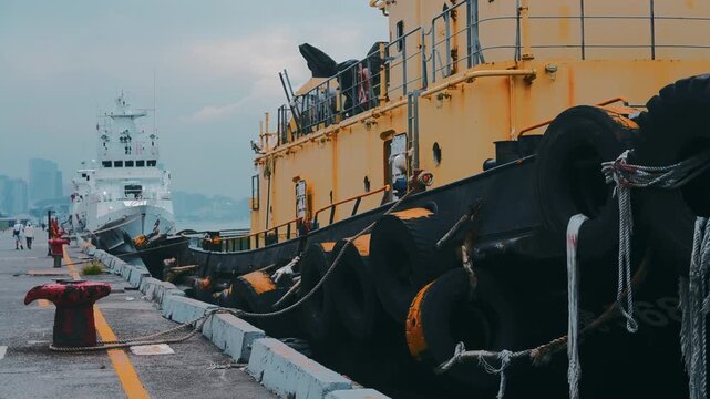 Kaohsiung Harbor Series - Yellow Tugboat Moored at Industrial Quay with Tire Fenders