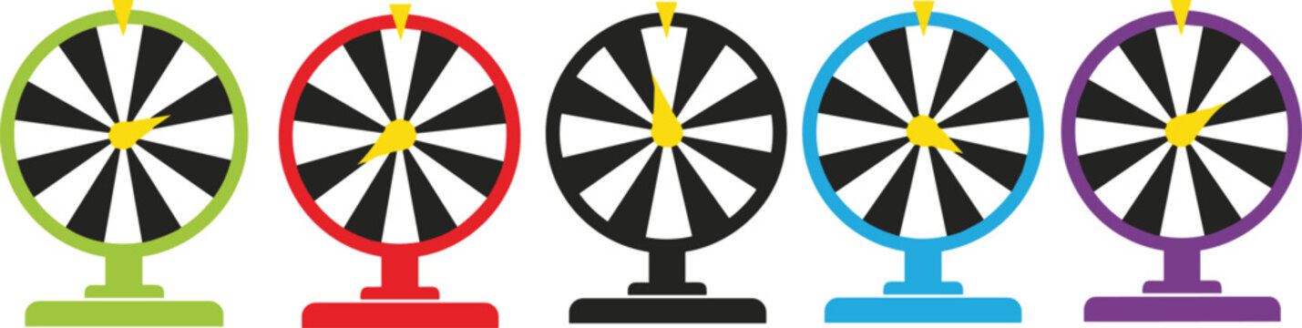 "Set of 5 Colorful Spinning Wheels in Green, Red, Black, Blue, and Purple"