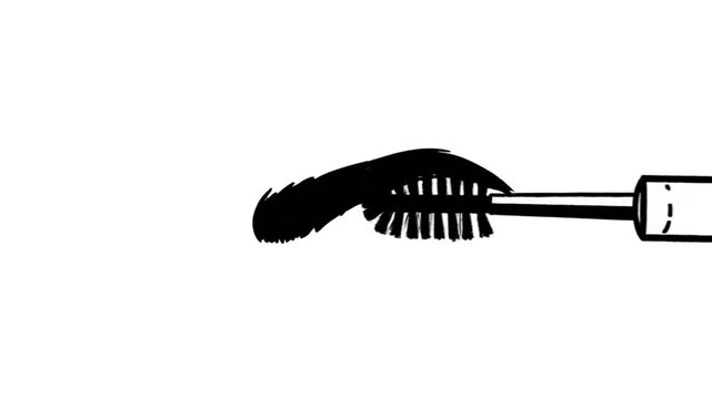 Black mascara brush drawing eyebrow shape concept on white background, makeup tutorial outline illustration