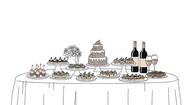 Elegant Dessert Table with Wedding Cake, Pastries, Wine Bottles and Glasses