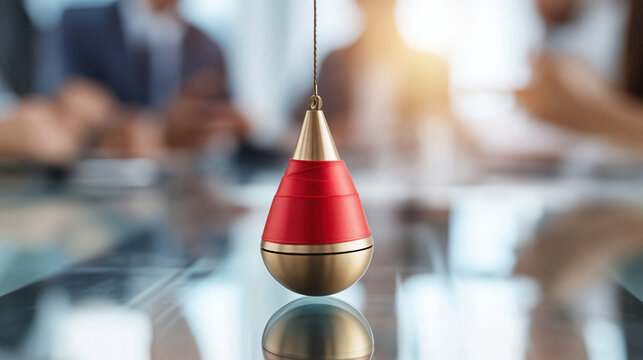 Stagnation red and gold bobber hanging over reflective table evoking stagnation in boardroom
