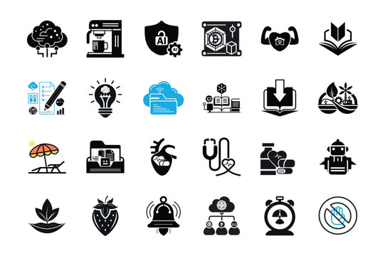 Collection of various black flat design icons related to technology, health, nature, and daily objects on a white background.