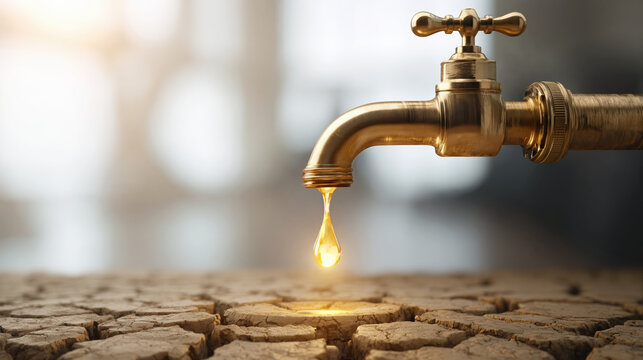 Golden tap drip over cracked dry soil stagnation highlights drought and scarce water