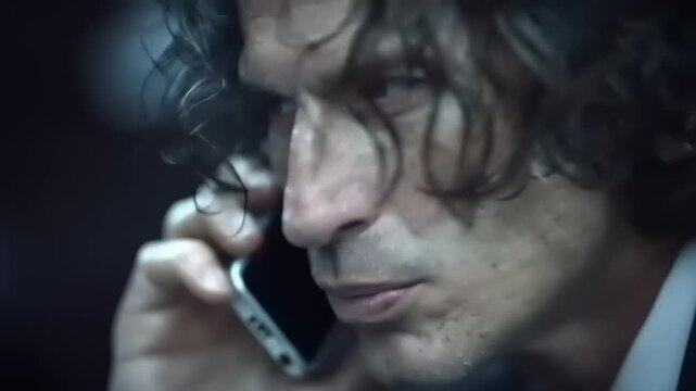 Intense close-up captures a man on a somber phone call expressing palpable emotional strain and internal conflict