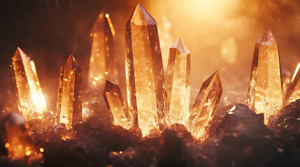 Fototapeta premium Glowing Amber Crystals Illuminated by Warm Light.