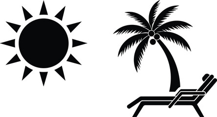 Black silhouette tropical vacation illustration, palm tree with lounge chair, sun symbol design, beach holiday icon, relaxation graphic © Hello World