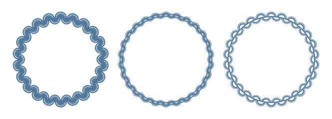 Obraz premium Blue lace round frames set. Three circle borders with wavy, scalloped cutout edges, dotted trim. Paper doily napkin patterns. Vintage invitation, wedding card, tea party, cake decoration. Vector.