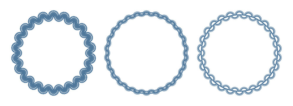 Blue lace round frames set. Three circle borders with wavy, scalloped cutout edges, dotted trim. Paper doily napkin patterns. Vintage invitation, wedding card, tea party, cake decoration. Vector.