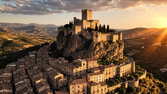 Aerial view of a medieval Italian castle perched on a rocky mountaintop at sunset with surrounding townscape