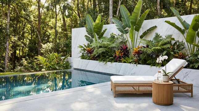 Tranquil pool surrounded by lush greenery and modern furniture