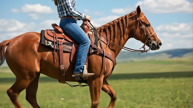 Tracking shot of rider trotting on chestnut horse across open grassland plain with leather saddle braided mane and rolling hills under blue sky on sunny day