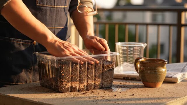 Person prepares soil in container for planting on balcony. Hands work with soil container for garden seeds. Gardening with soil on outdoor balcony. Person plants seeds in container with soil.