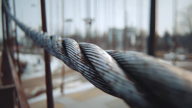 Steel cable rope close up showing texture and minor rust, twisting strands highlighting concepts of strength, engineering, durability, connection, and industrial support for construction